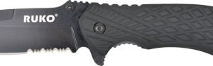 RUKO FOLDER SERRATED 3.25" - BLACK HANDLE CLAMSHELL
